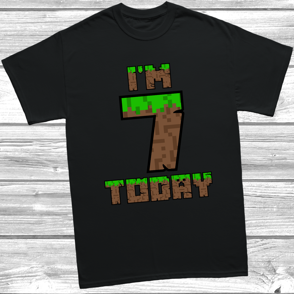 Black Kids birthday tee with “I’m 7 Today” in digital brick font