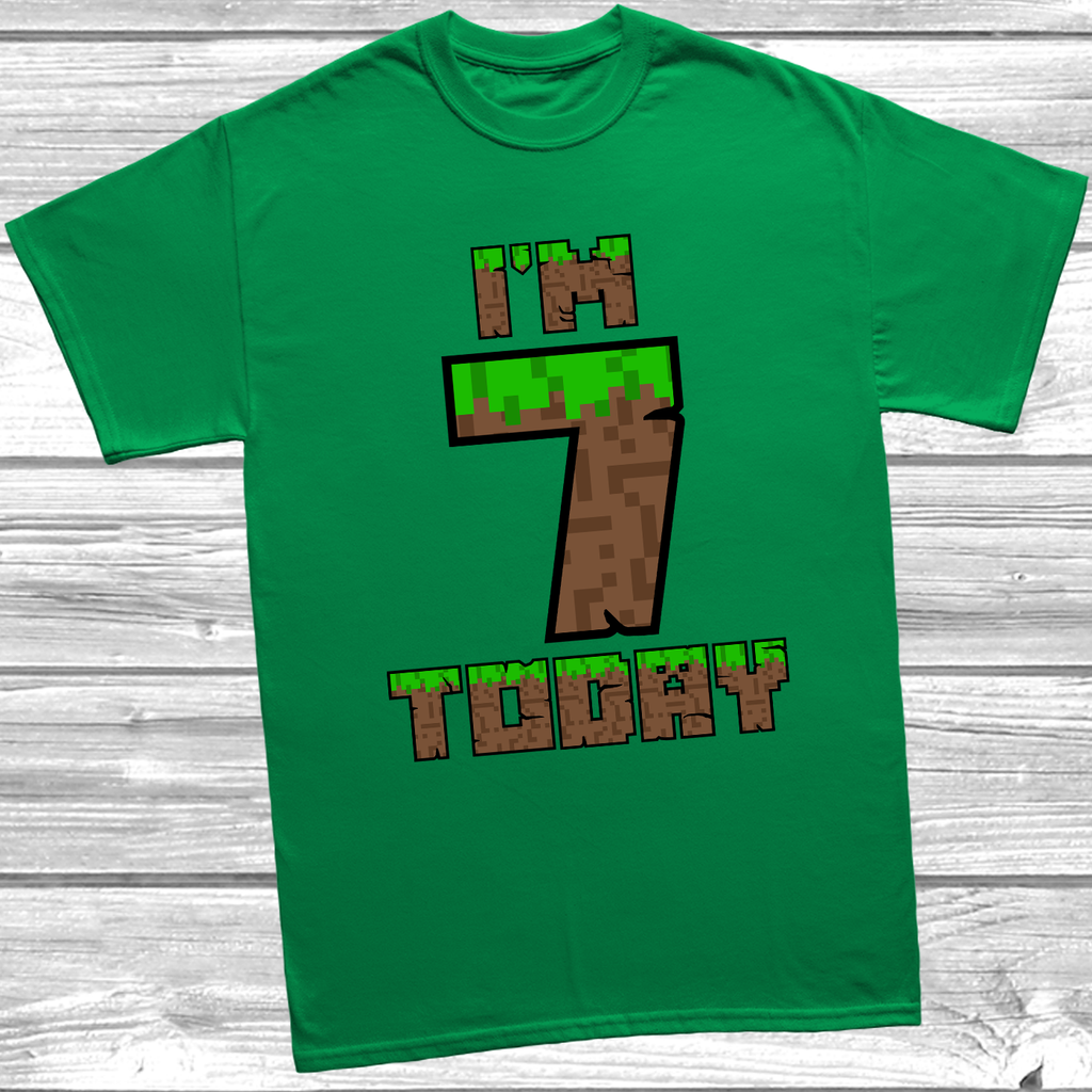 White Kids birthday tee with “I’m 7 Today” in digital brick font