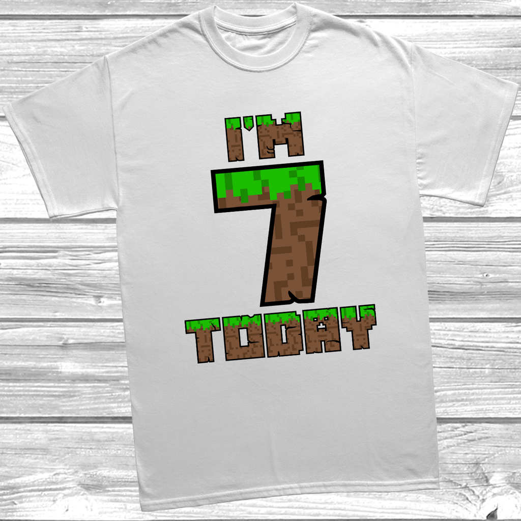 White Kids birthday tee with “I’m 7 Today” in digital brick font