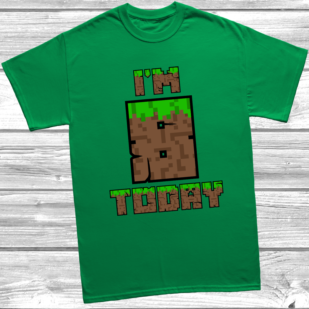 Green "I'm 8 Today" kids birthday t-shirt with blocky pixel brick design in bold colours.