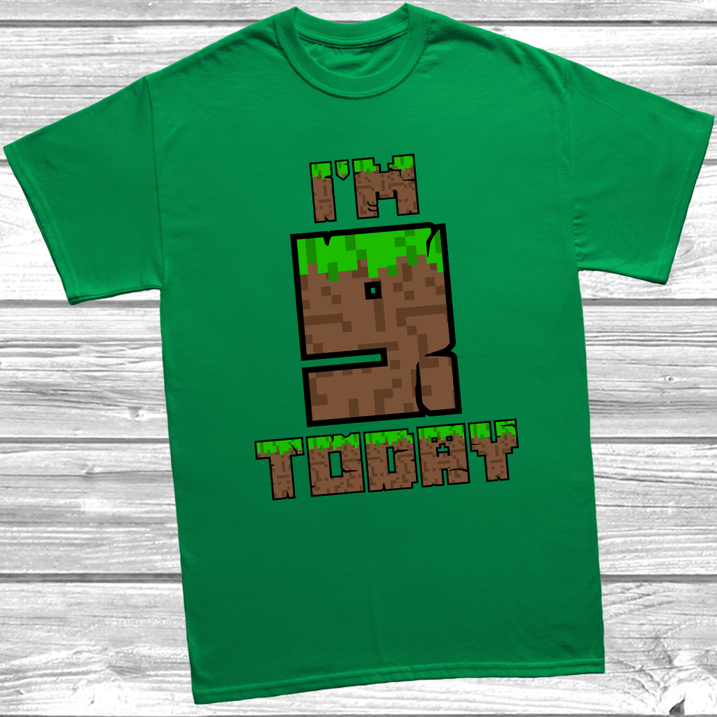 Green Kids "I'm 9 Today" birthday t-shirt with pixel brick style print, perfect for gamer-themed birthdays