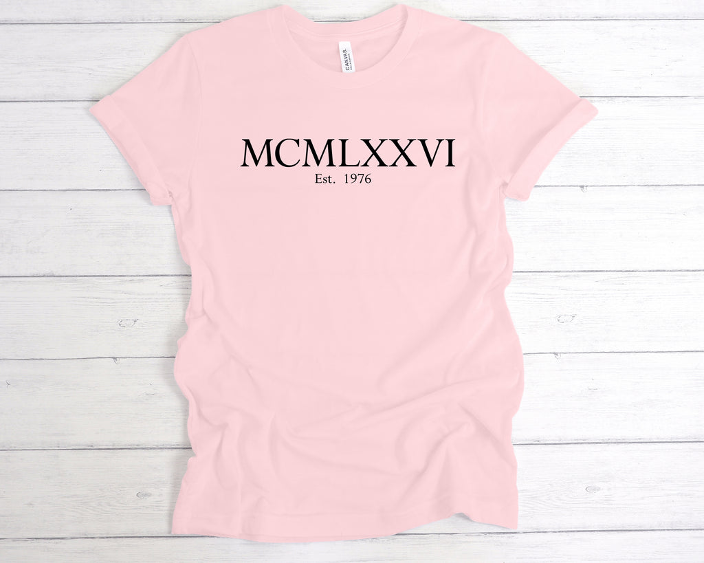 close up of est 1976 roman numerals print on birthday tee