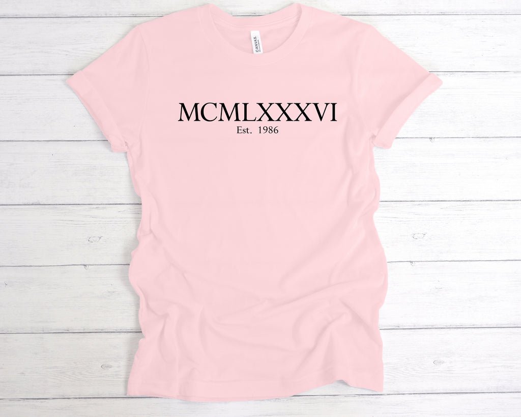 close up of est 1986 roman numerals print on birthday tee