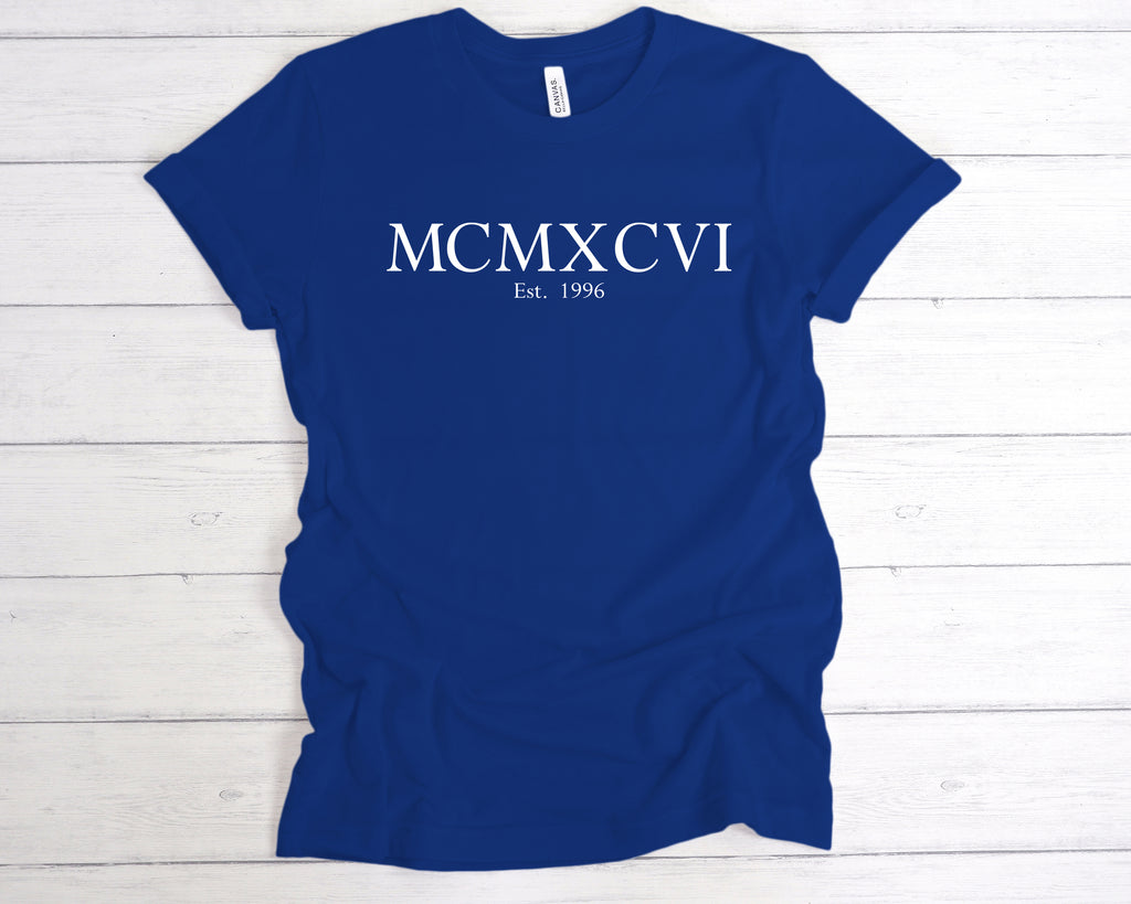 close up of est 1996 roman numerals print on birthday tee