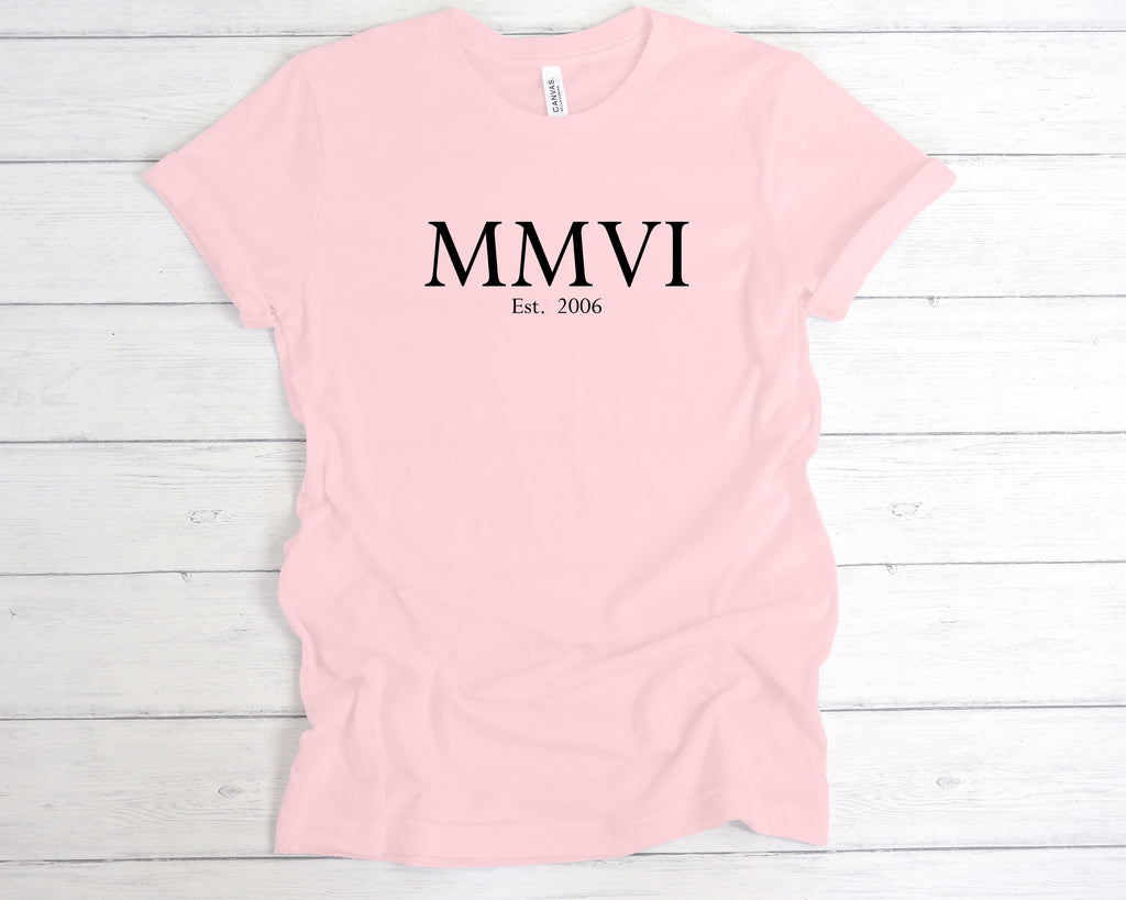 close up of est 2006 roman numerals print on birthday tee
