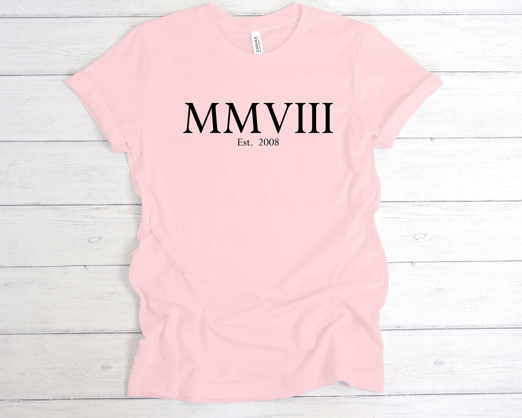 close up of est 2008 roman numerals print on birthday tee