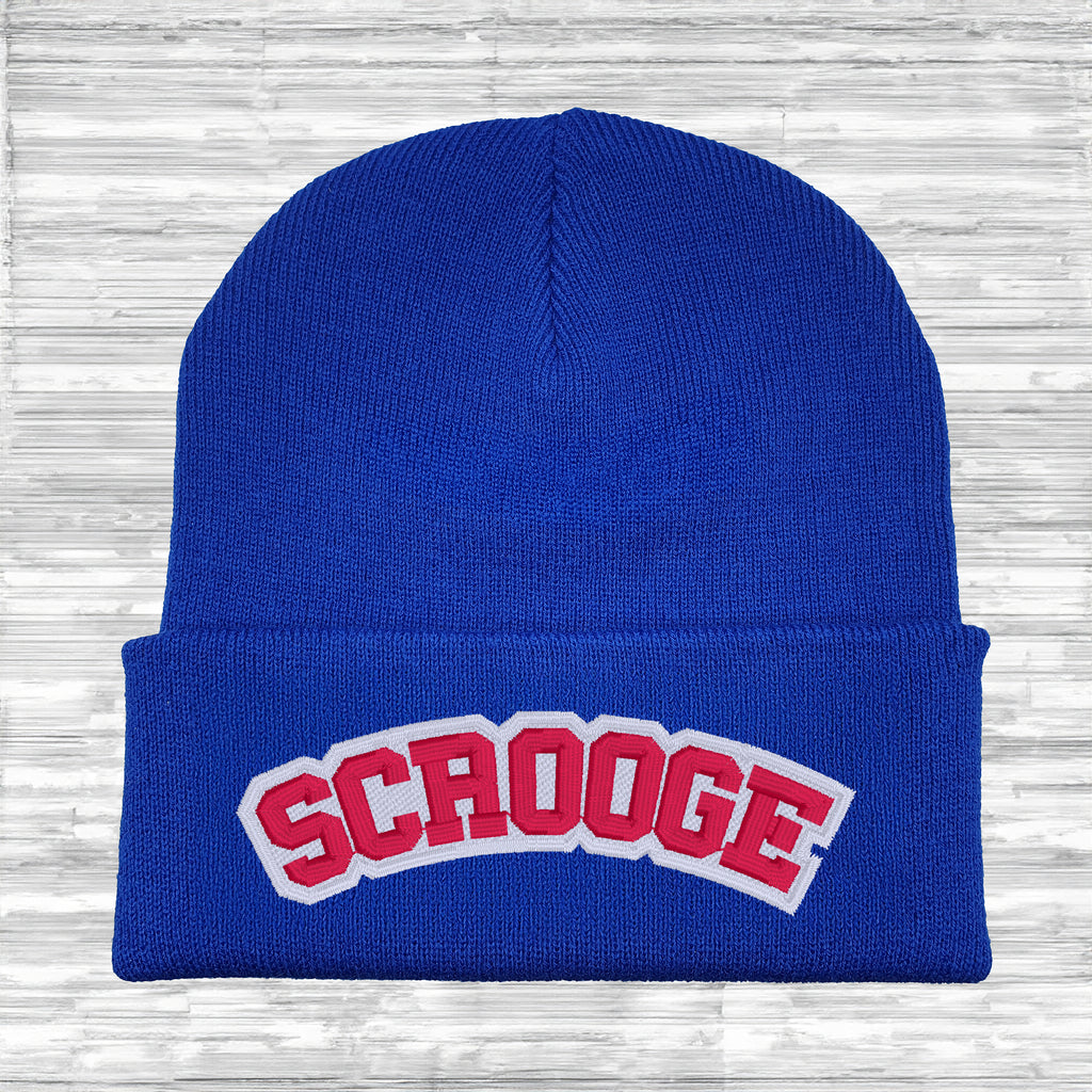 Close-up of SCROOGE embroidery on Christmas beanie hat.