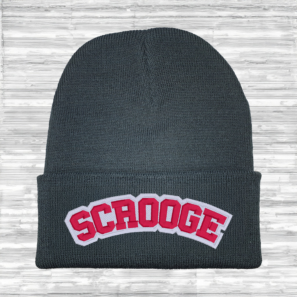 Unisex winter beanie hat featuring SCROOGE slogan embroidery.
