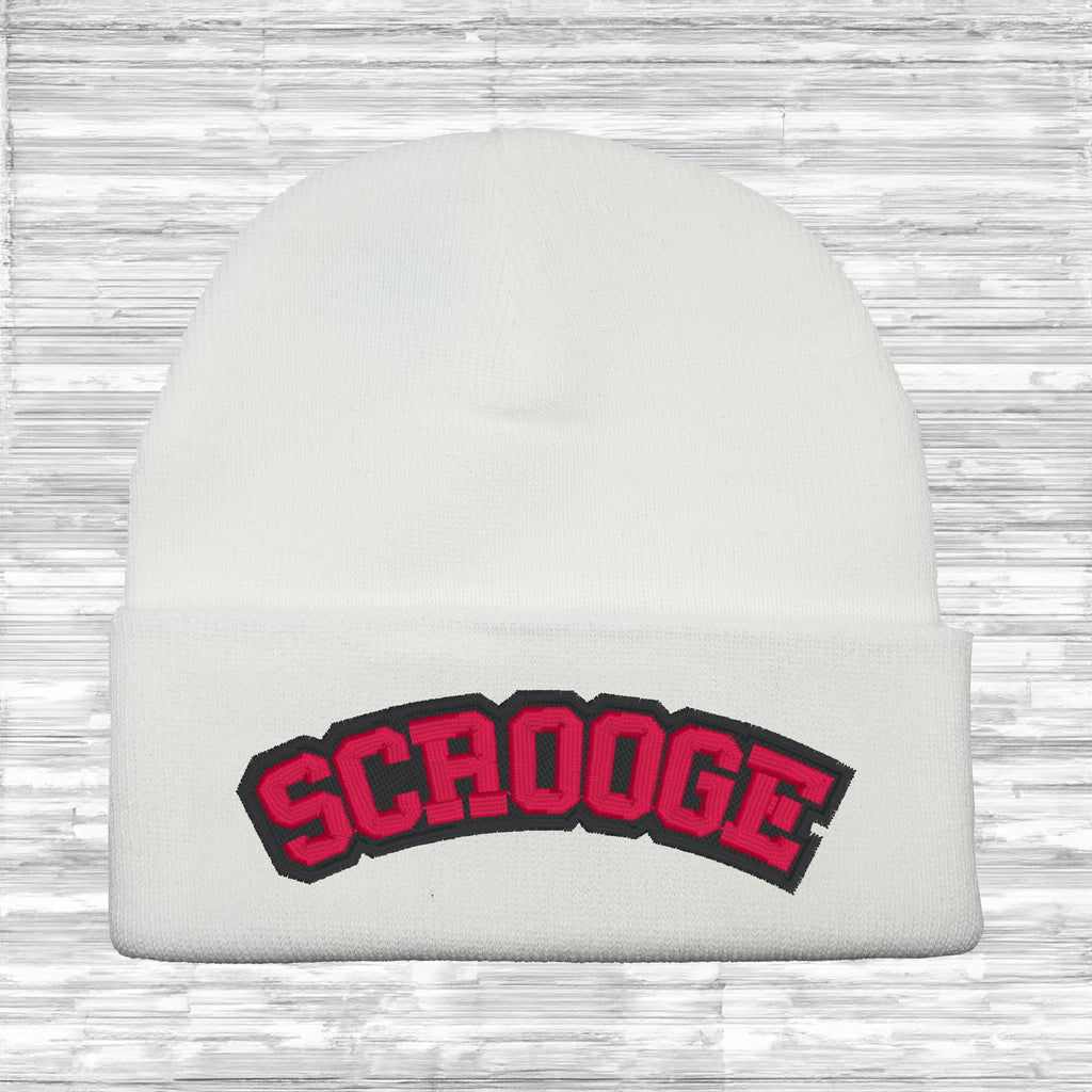 Warm winter beanie with SCROOGE text stitching, ideal for Christmas outfits.