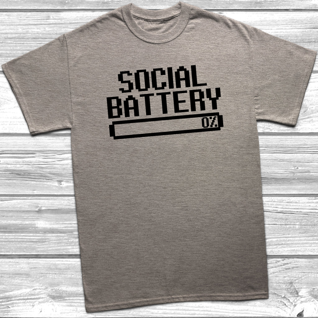 Bold “low battery” text tee for quiet days