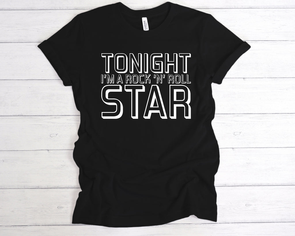 Black unisex t-shirt featuring the bold slogan "Tonight I'm A Rock 'N' Roll Star" across the front in a clean, classic band-style font. This soft cotton music tee channels retro rock vibes and is perfect for concerts, indie gigs, or casual everyday wear. Ideal for music fans, band lovers, and anyone ready to live the rockstar fantasy. A great gift for festival season, gig night, or just showing off your love for live music and classic attitude.
