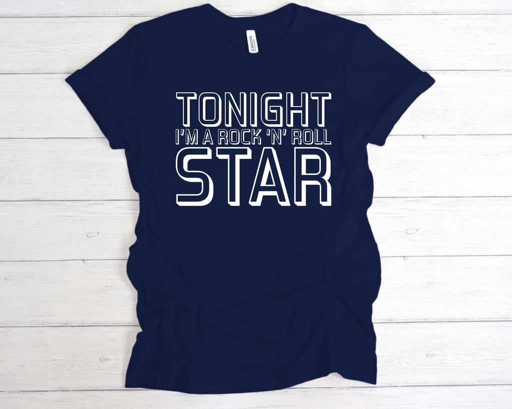 Deep Navy unisex t-shirt featuring the bold slogan "Tonight I'm A Rock 'N' Roll Star" across the front in a clean, classic band-style font. This soft cotton music tee channels retro rock vibes and is perfect for concerts, indie gigs, or casual everyday wear. Ideal for music fans, band lovers, and anyone ready to live the rockstar fantasy. A great gift for festival season, gig night, or just showing off your love for live music and classic attitude.