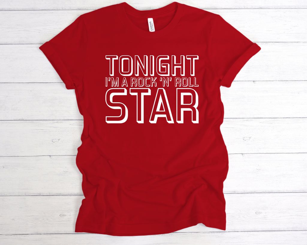 Red unisex t-shirt featuring the bold slogan "Tonight I'm A Rock 'N' Roll Star" across the front in a clean, classic band-style font. This soft cotton music tee channels retro rock vibes and is perfect for concerts, indie gigs, or casual everyday wear. Ideal for music fans, band lovers, and anyone ready to live the rockstar fantasy. A great gift for festival season, gig night, or just showing off your love for live music and classic attitude.