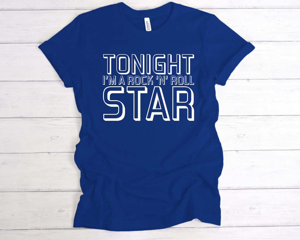 Royal Blue unisex t-shirt featuring the bold slogan "Tonight I'm A Rock 'N' Roll Star" across the front in a clean, classic band-style font. This soft cotton music tee channels retro rock vibes and is perfect for concerts, indie gigs, or casual everyday wear. Ideal for music fans, band lovers, and anyone ready to live the rockstar fantasy. A great gift for festival season, gig night, or just showing off your love for live music and classic attitude.