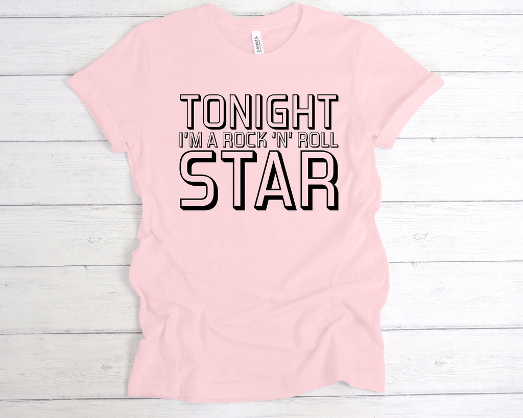 Soft Pink unisex t-shirt featuring the bold slogan "Tonight I'm A Rock 'N' Roll Star" across the front in a clean, classic band-style font. This soft cotton music tee channels retro rock vibes and is perfect for concerts, indie gigs, or casual everyday wear. Ideal for music fans, band lovers, and anyone ready to live the rockstar fantasy. A great gift for festival season, gig night, or just showing off your love for live music and classic attitude.