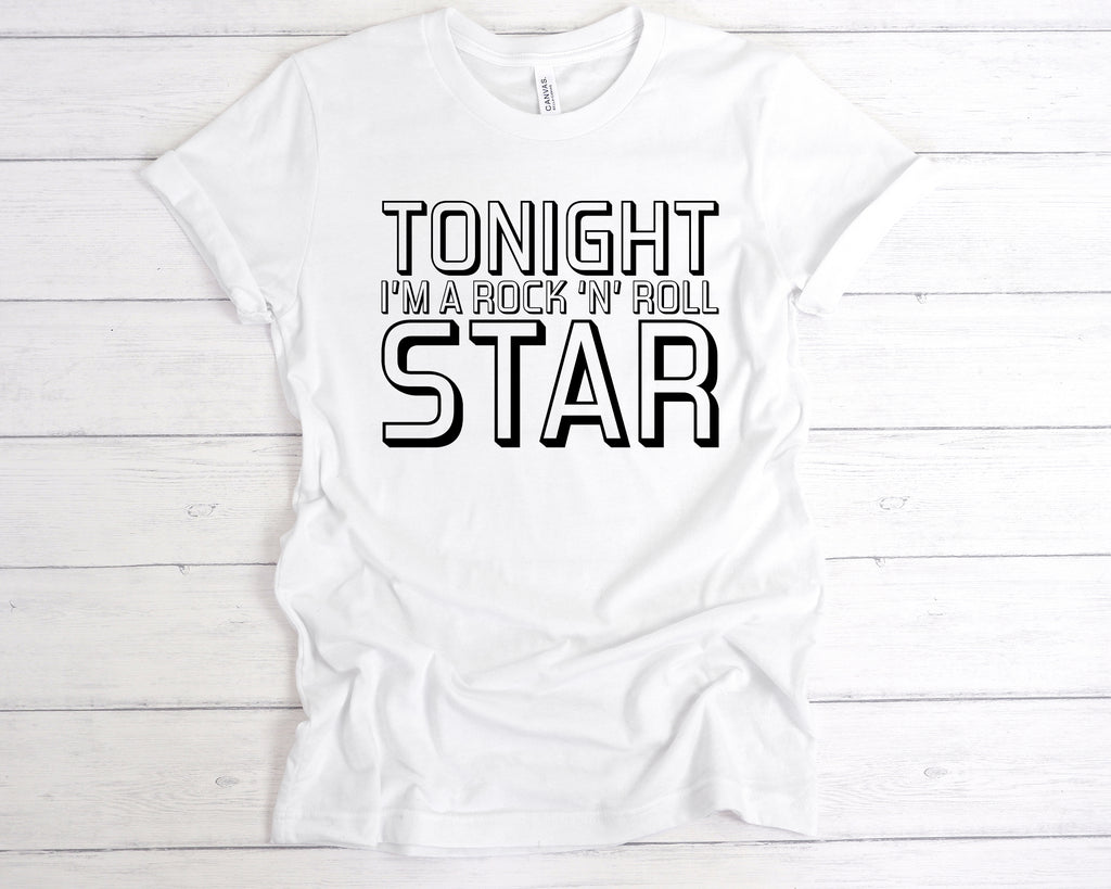 White unisex t-shirt featuring the bold slogan "Tonight I'm A Rock 'N' Roll Star" across the front in a clean, classic band-style font. This soft cotton music tee channels retro rock vibes and is perfect for concerts, indie gigs, or casual everyday wear. Ideal for music fans, band lovers, and anyone ready to live the rockstar fantasy. A great gift for festival season, gig night, or just showing off your love for live music and classic attitude.