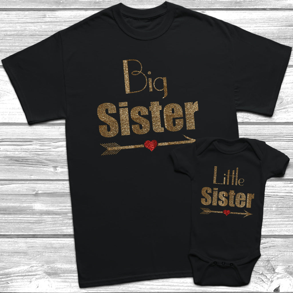Get trendy with Glitter Big Sister Little Sister T-Shirt Baby Grow Set -  available at DizzyKitten. Grab yours for £9.45 today!