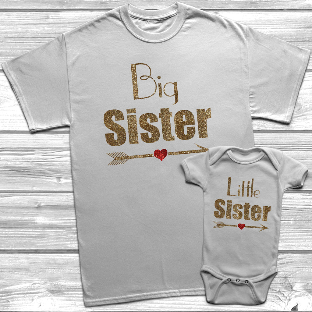 Get trendy with Glitter Big Sister Little Sister T-Shirt Baby Grow Set -  available at DizzyKitten. Grab yours for £8.95 today!