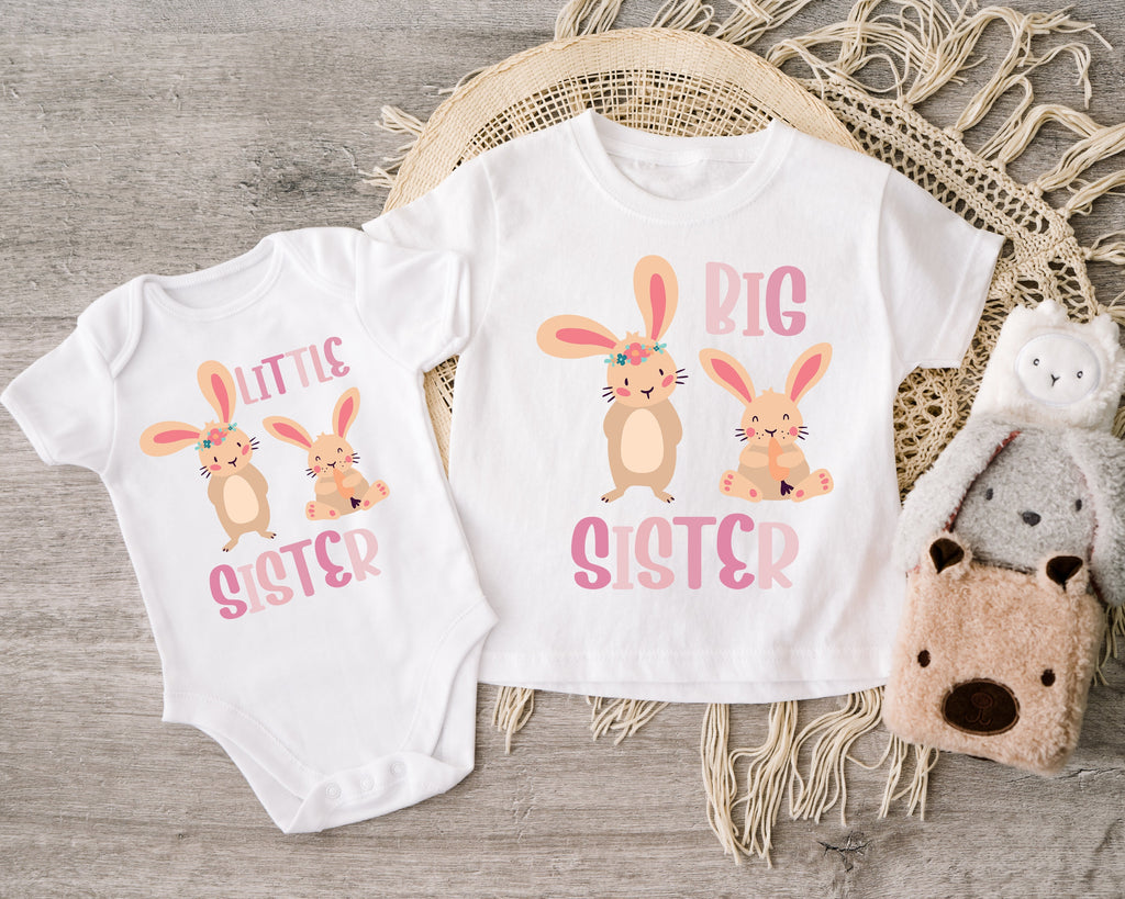 Get trendy with Bunny Big Sister Little Sister T-Shirt Baby Grow Set -  available at DizzyKitten. Grab yours for £8.95 today!