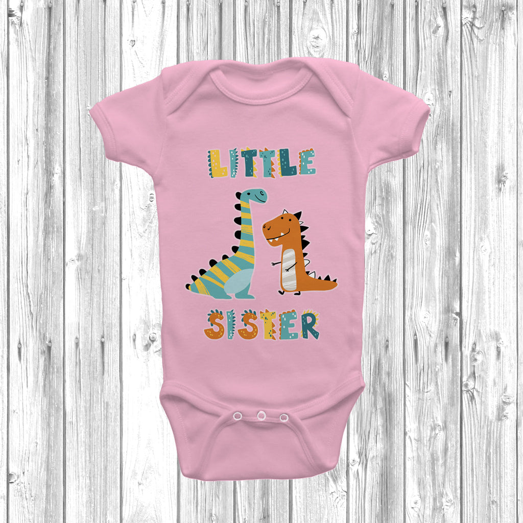 Get trendy with Dinosaur Big Sister Little Sister Pink T-Shirt Baby Grow Set -  available at DizzyKitten. Grab yours for £9.45 today!