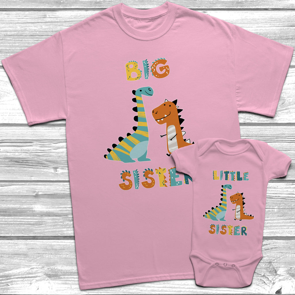 Get trendy with Dinosaur Big Sister Little Sister Pink T-Shirt Baby Grow Set -  available at DizzyKitten. Grab yours for £9.45 today!