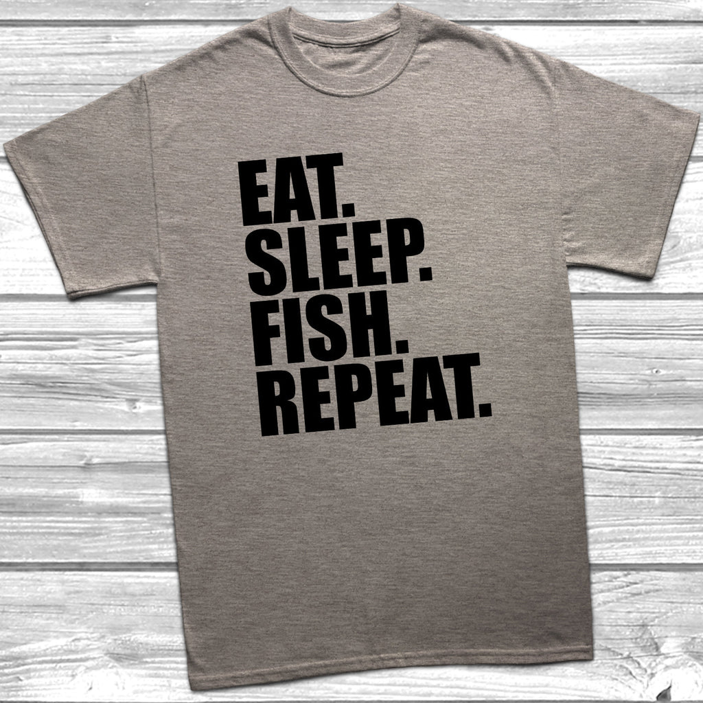 Get trendy with Eat Sleep Fish Repeat T-Shirt - T-Shirt available at DizzyKitten. Grab yours for £8.99 today!