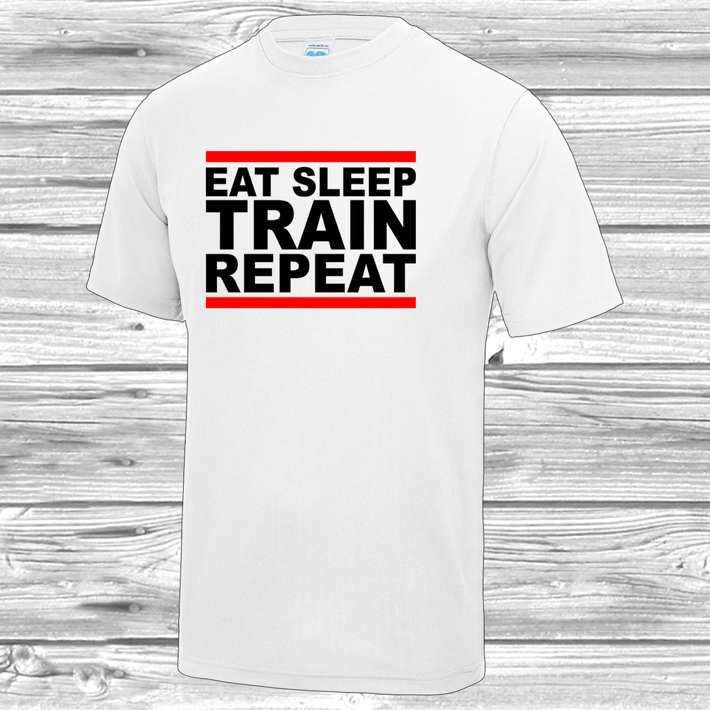 Get trendy with Eat Sleep Train Repeat T-Shirt - Activewear available at DizzyKitten. Grab yours for £10.49 today!