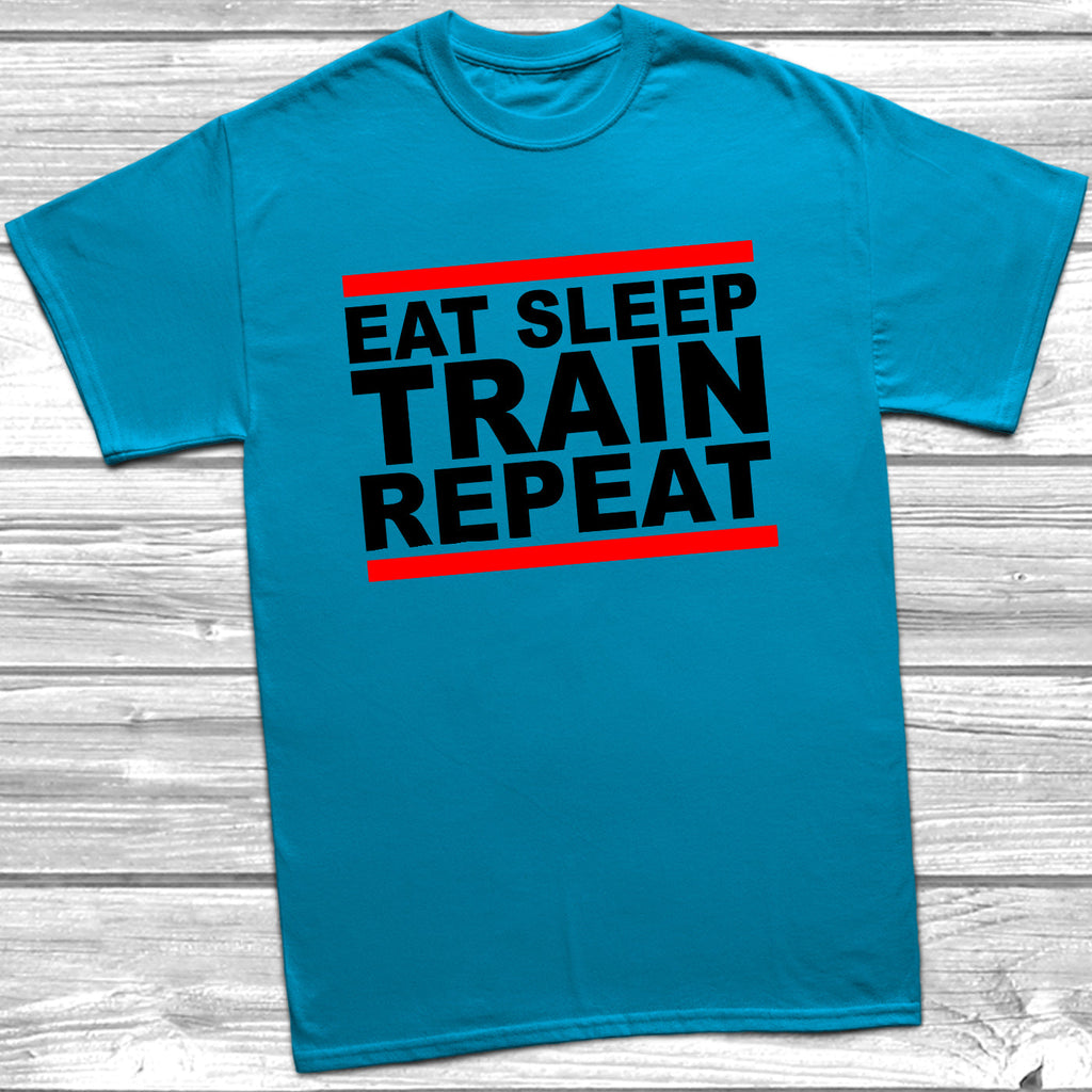 Get trendy with Eat Sleep Train Repeat T-Shirt - T-Shirt available at DizzyKitten. Grab yours for £9.99 today!