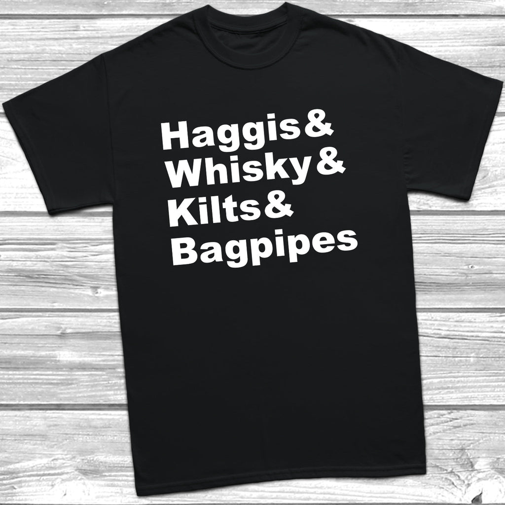 Get trendy with Haggis Whisky Kilts & Bagpipes T-Shirt - T-Shirt available at DizzyKitten. Grab yours for £9.49 today!