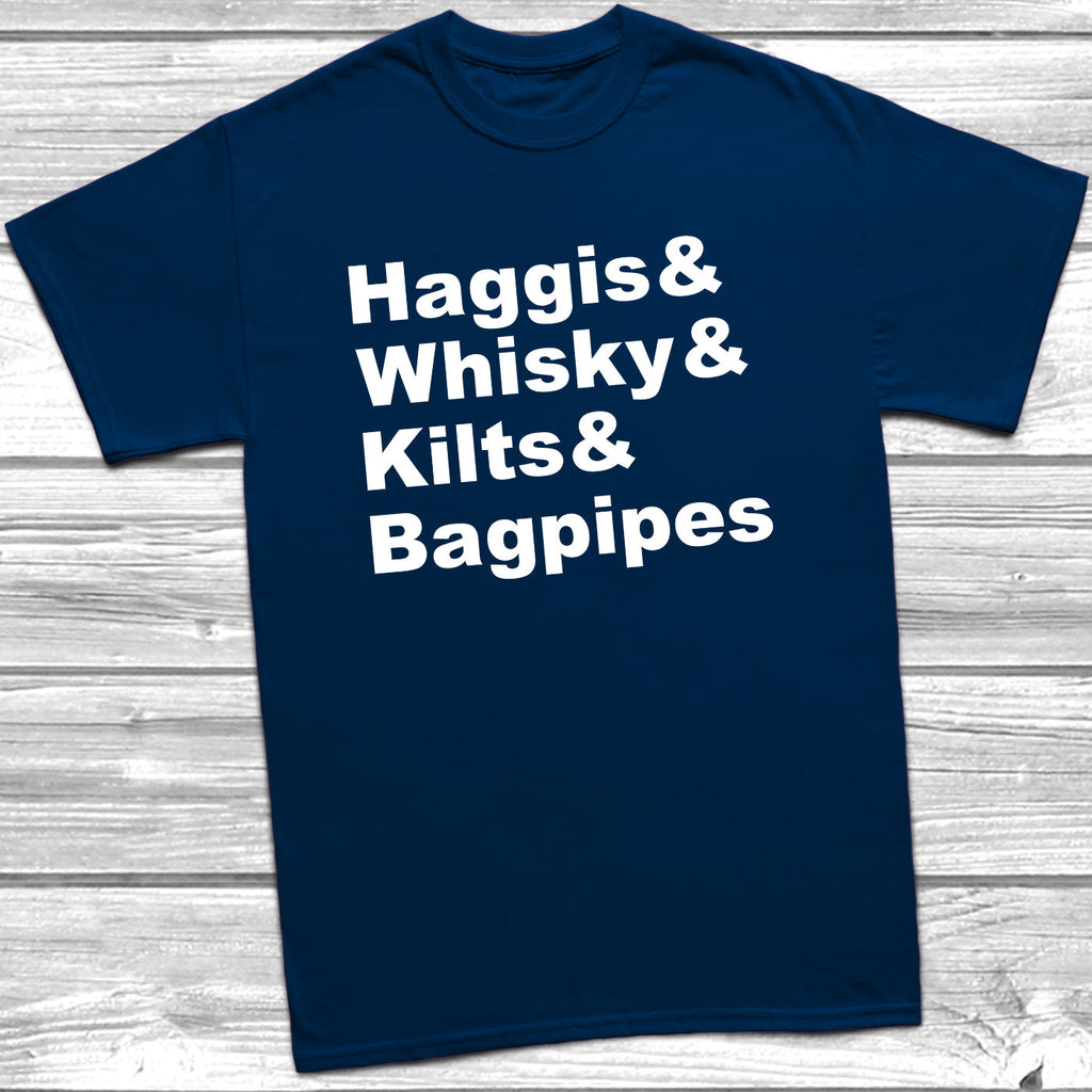 Get trendy with Haggis Whisky Kilts & Bagpipes T-Shirt - T-Shirt available at DizzyKitten. Grab yours for £8.99 today!