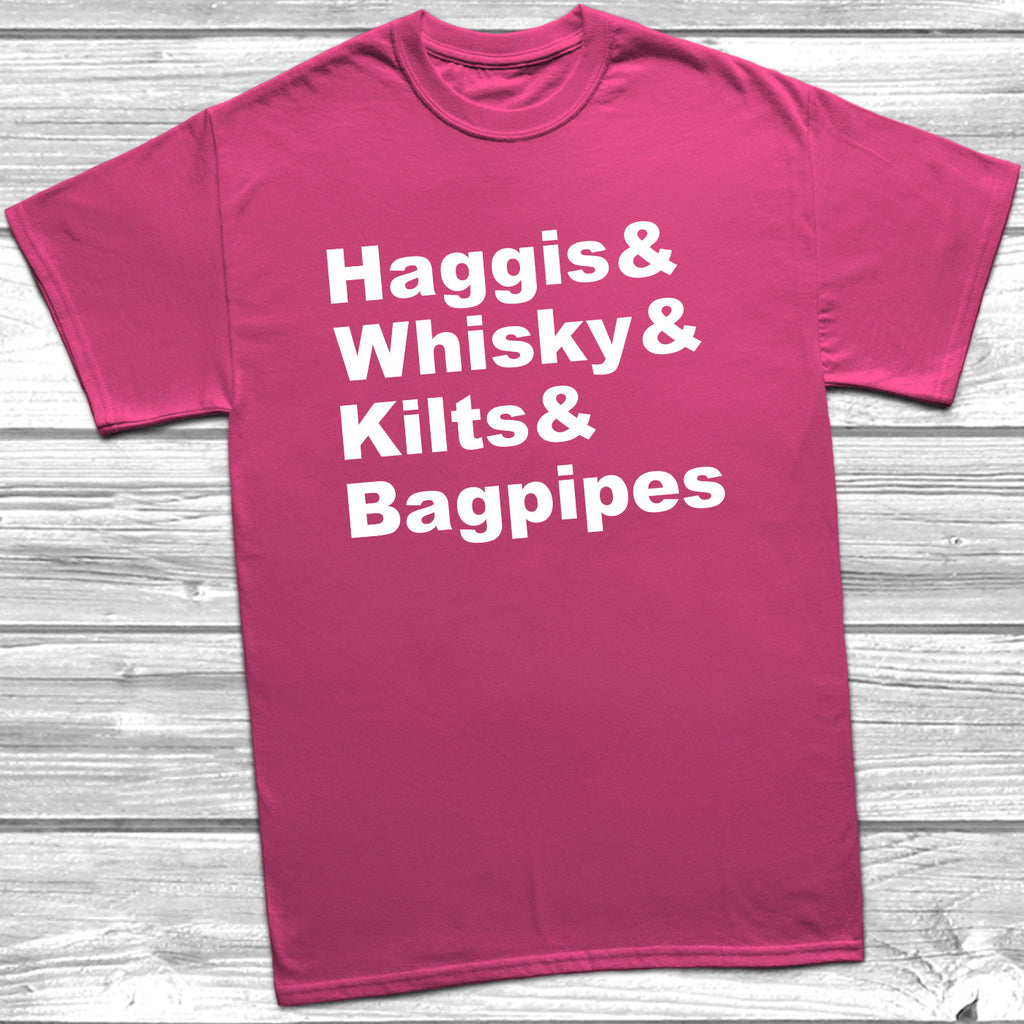 Get trendy with Haggis Whisky Kilts & Bagpipes T-Shirt - T-Shirt available at DizzyKitten. Grab yours for £8.99 today!
