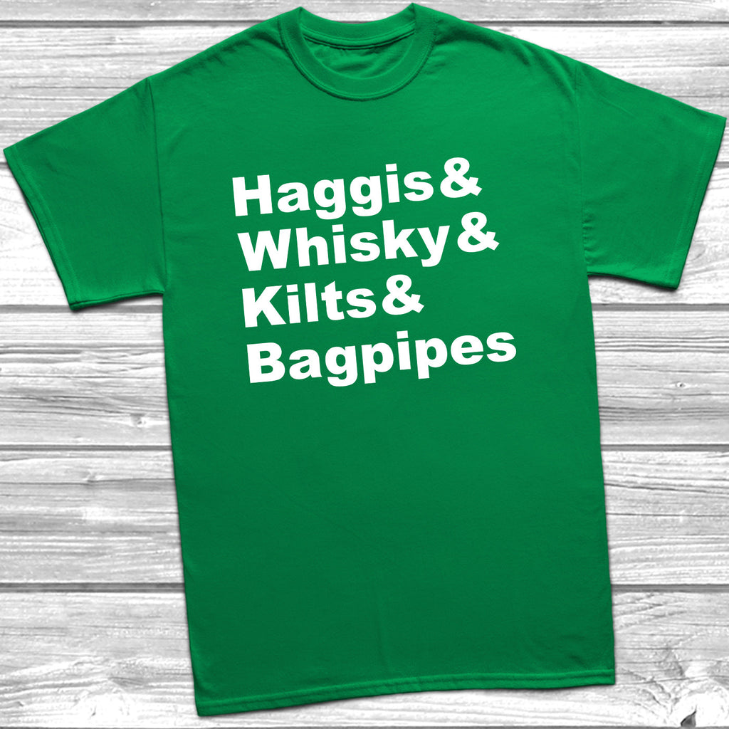 Get trendy with Haggis Whisky Kilts & Bagpipes T-Shirt - T-Shirt available at DizzyKitten. Grab yours for £9.49 today!