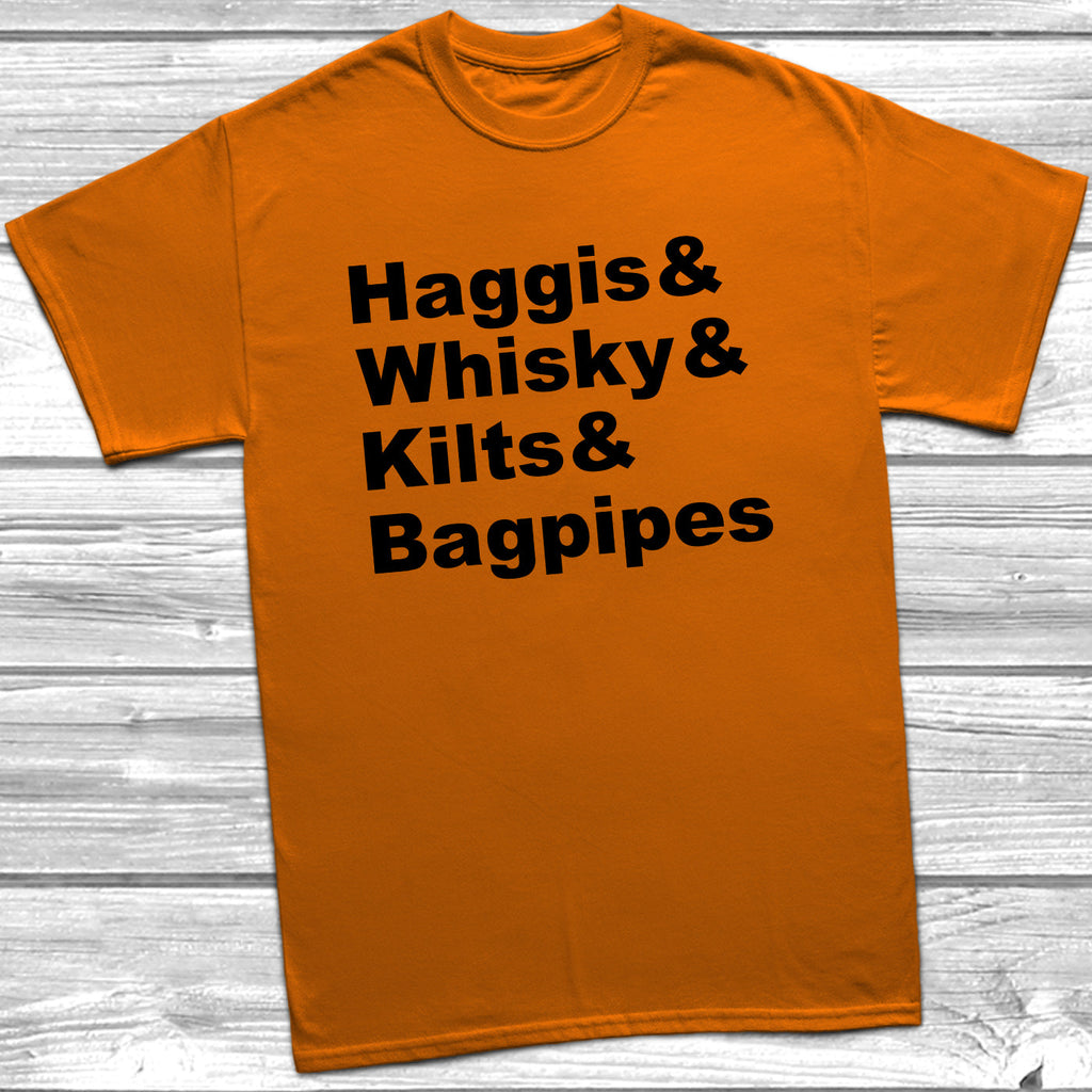 Get trendy with Haggis Whisky Kilts & Bagpipes T-Shirt - T-Shirt available at DizzyKitten. Grab yours for £8.99 today!