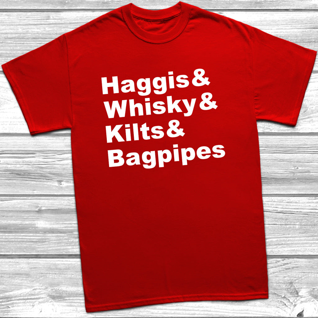 Get trendy with Haggis Whisky Kilts & Bagpipes T-Shirt - T-Shirt available at DizzyKitten. Grab yours for £9.49 today!