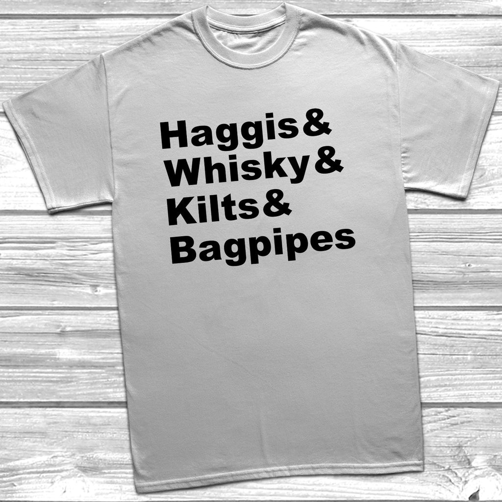 Get trendy with Haggis Whisky Kilts & Bagpipes T-Shirt - T-Shirt available at DizzyKitten. Grab yours for £8.99 today!
