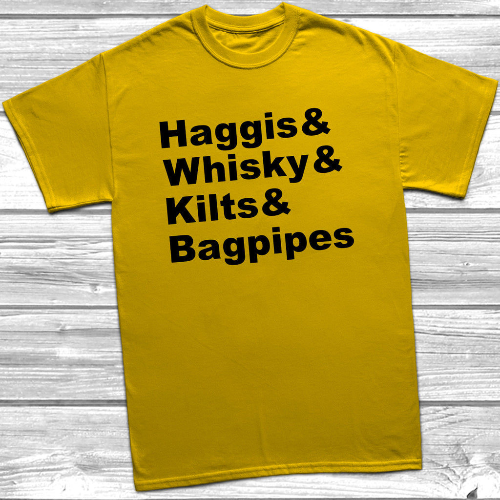 Get trendy with Haggis Whisky Kilts & Bagpipes T-Shirt - T-Shirt available at DizzyKitten. Grab yours for £9.49 today!