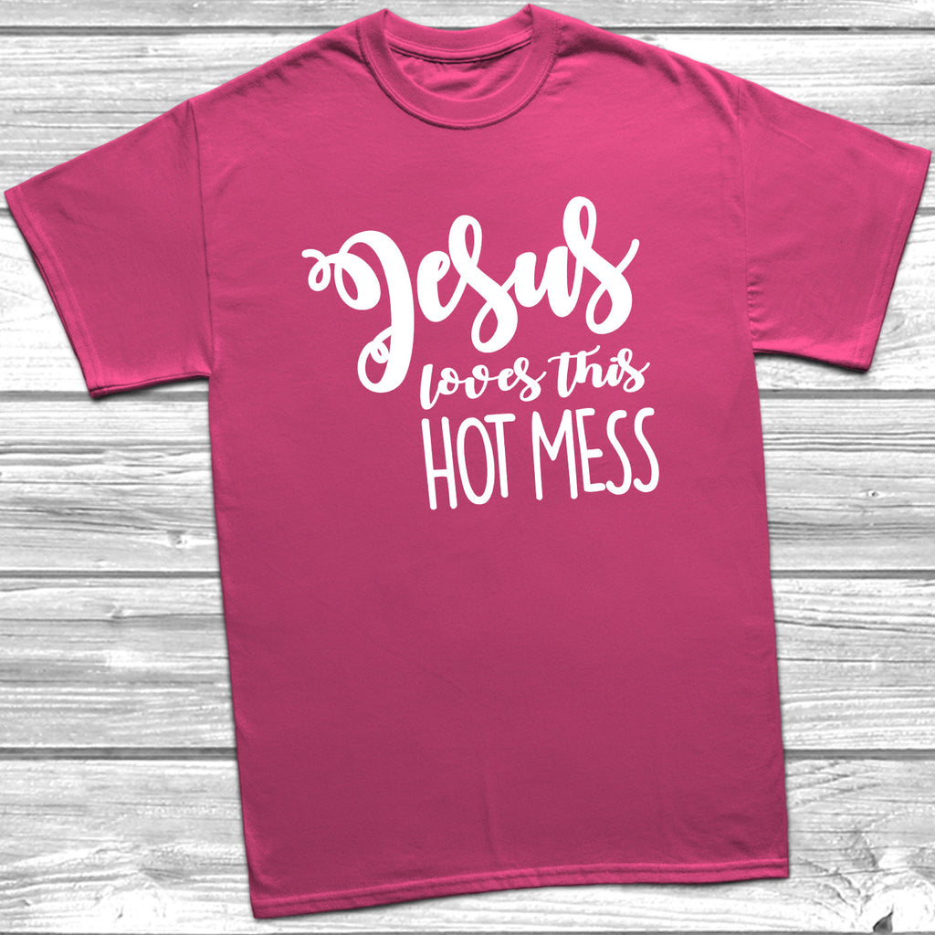 Get trendy with Jesus Loves This Hot Mess T-Shirt - T-Shirt available at DizzyKitten. Grab yours for £10.49 today!