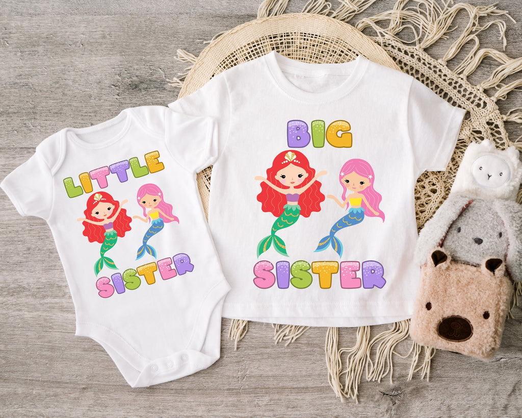 Get trendy with Mermaid Big Sister Little Sister T-Shirt Baby Grow Set -  available at DizzyKitten. Grab yours for £8.95 today!