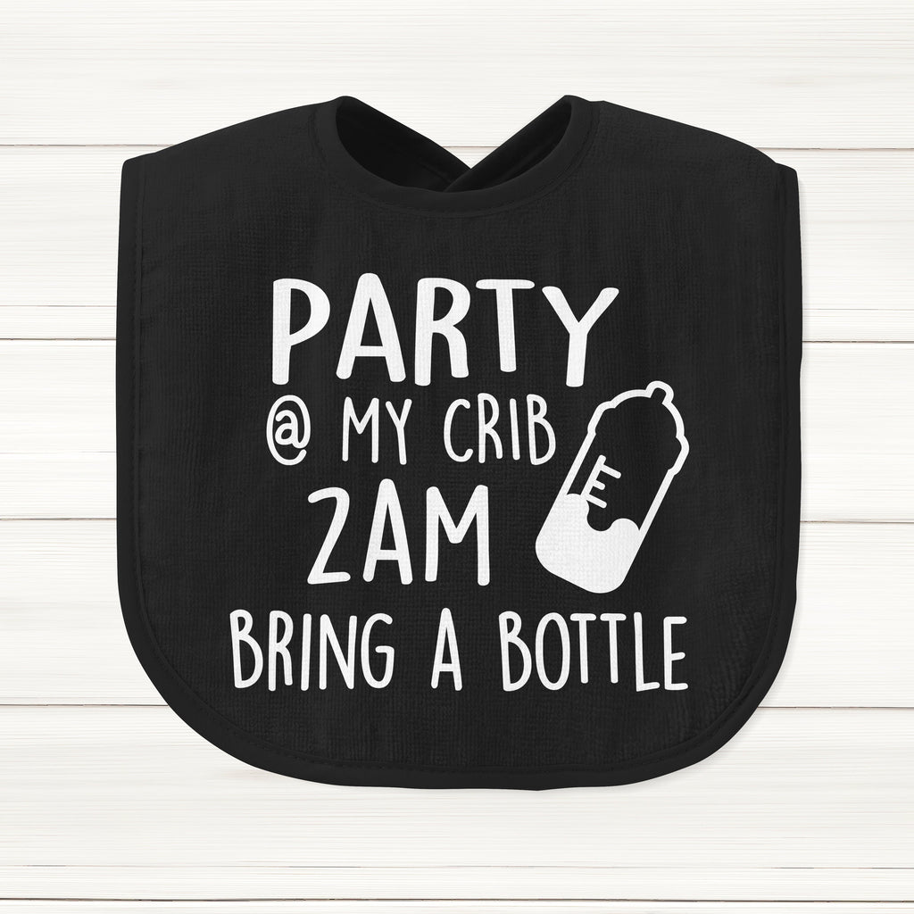 Get trendy with Party At My Crib 2AM Bring A Bottle Baby Bib - Baby Grow available at DizzyKitten. Grab yours for £6.49 today!