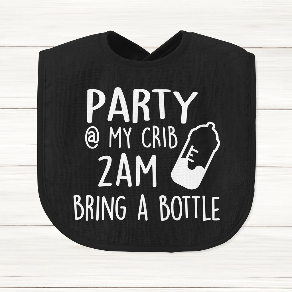 Get trendy with Party At My Crib 2AM Bring A Bottle Baby Bib - Baby Grow available at DizzyKitten. Grab yours for £5.99 today!