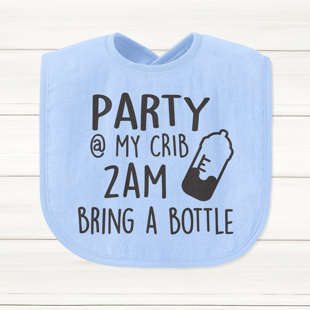 Get trendy with Party At My Crib 2AM Bring A Bottle Baby Bib - Baby Grow available at DizzyKitten. Grab yours for £5.99 today!