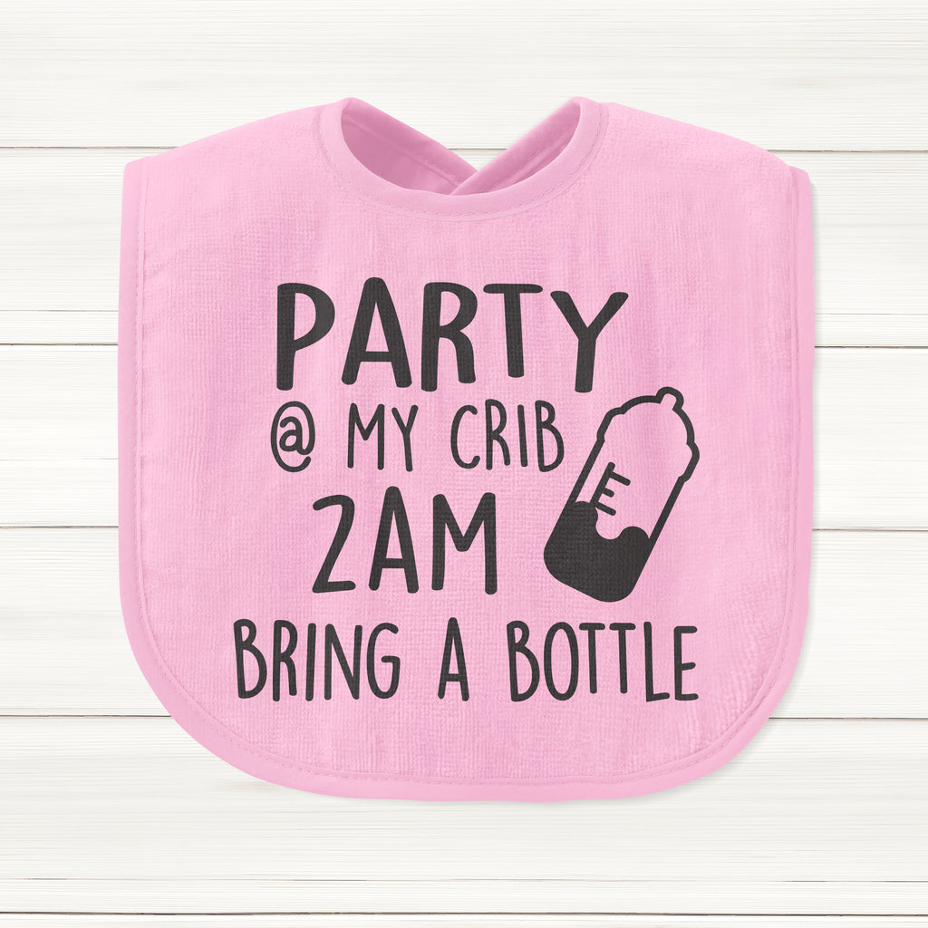 Get trendy with Party At My Crib 2AM Bring A Bottle Baby Bib - Baby Grow available at DizzyKitten. Grab yours for £5.99 today!