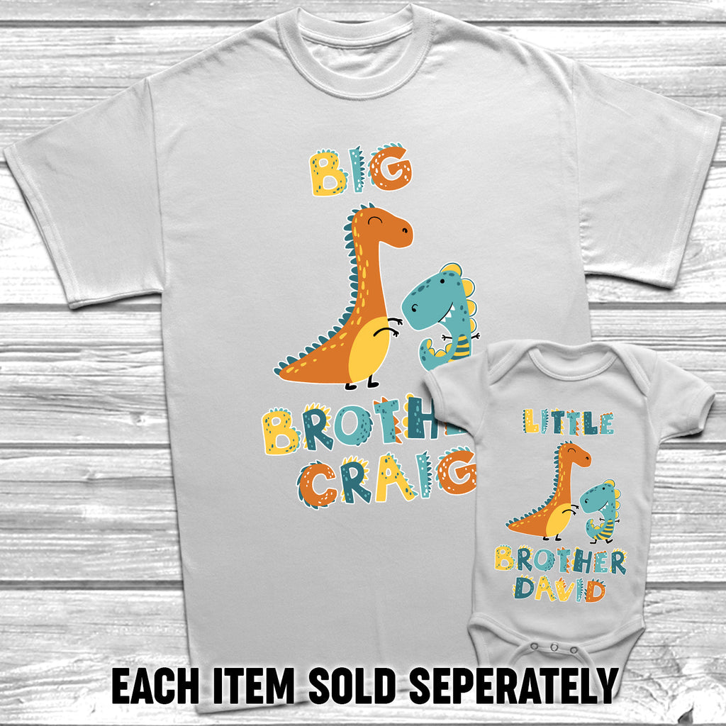 Get trendy with Personalised Dinosaur Big Brother Little Brother T-Shirt Baby Grow Set -  available at DizzyKitten. Grab yours for £11.45 today!