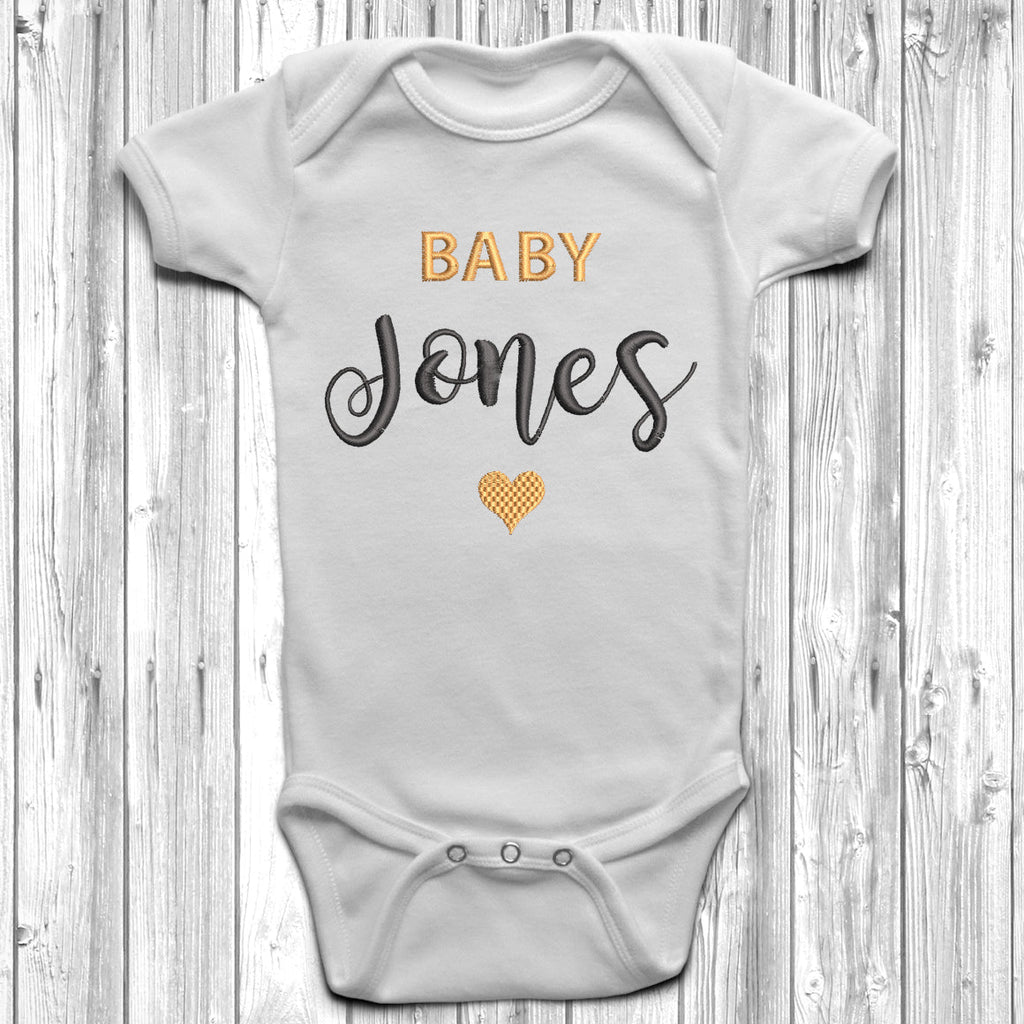 Get trendy with Personalised Surname Embroidered Baby Grow - Baby Grow available at DizzyKitten. Grab yours for £7.95 today!