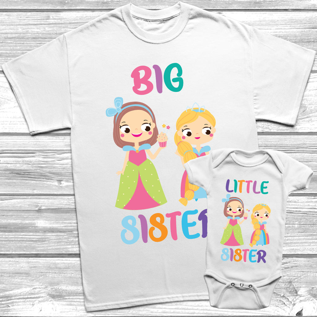 Get trendy with Princess Big Sister Little Sister T-Shirt Baby Grow Set -  available at DizzyKitten. Grab yours for £9.95 today!