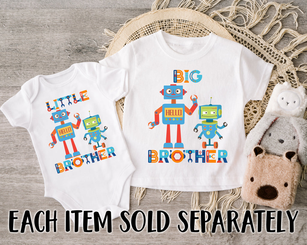 Get trendy with Robot Big Brother Little Brother T-Shirt Baby Grow Set -  available at DizzyKitten. Grab yours for £8.95 today!