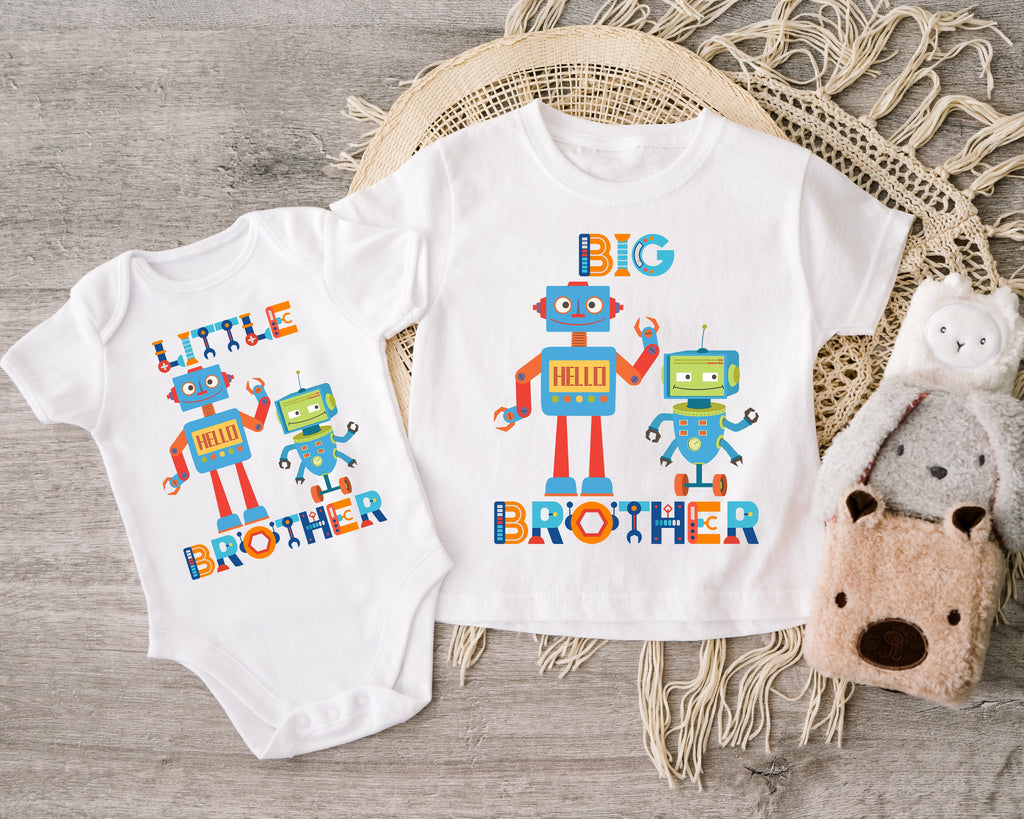 Get trendy with Robot Big Brother Little Brother T-Shirt Baby Grow Set -  available at DizzyKitten. Grab yours for £8.95 today!