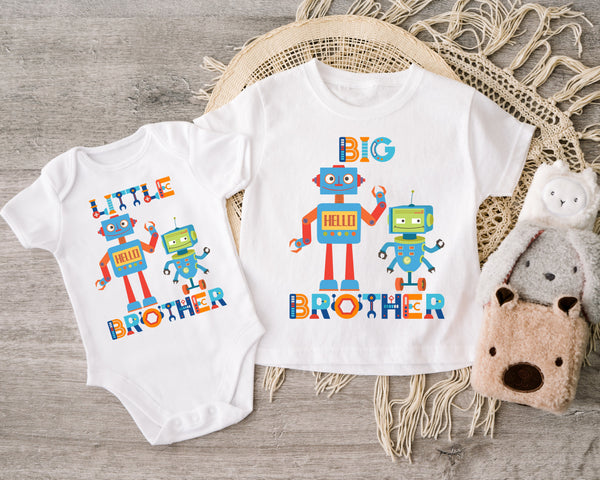 Robot Themed T-Shirt, Baby Grow, Big Brother, Little Brother, Sibling Set,