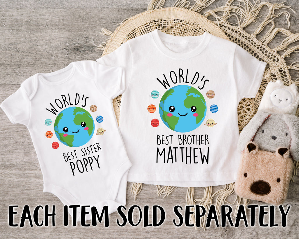 Get trendy with Personalised World's Best Brother Sister T-Shirt Baby Grow Set -  available at DizzyKitten. Grab yours for £11.45 today!