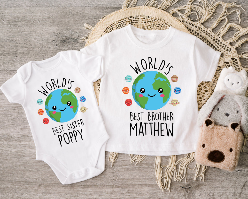 Get trendy with Personalised World's Best Brother Sister T-Shirt Baby Grow Set -  available at DizzyKitten. Grab yours for £10.95 today!